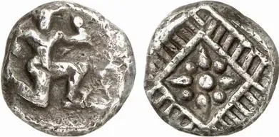 Two views of an ancient silver coin: a figure on one side and a geometric square pattern on the reverse