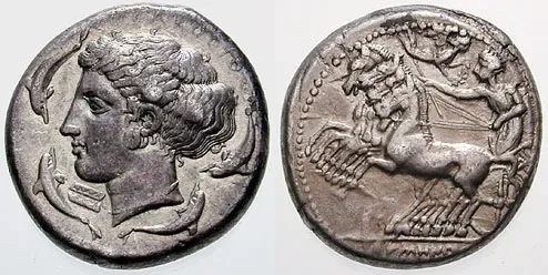 Two sides of an ancient silver coin: a woman’s profile on the front and a horse pulling a chariot on the back