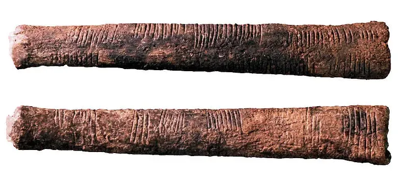 Two carved tally sticks with scored marks, used to record counts or transactions