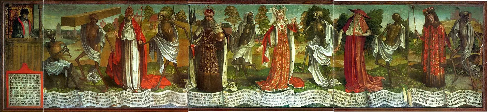 Medieval “dance of death” scene where skeletons lead clergy and nobles in a procession across a landscape, with text below