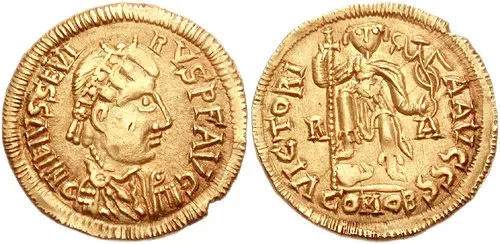 Two sides of a gold coin: a crowned emperor’s profile on the front and a seated figure holding a staff on the back