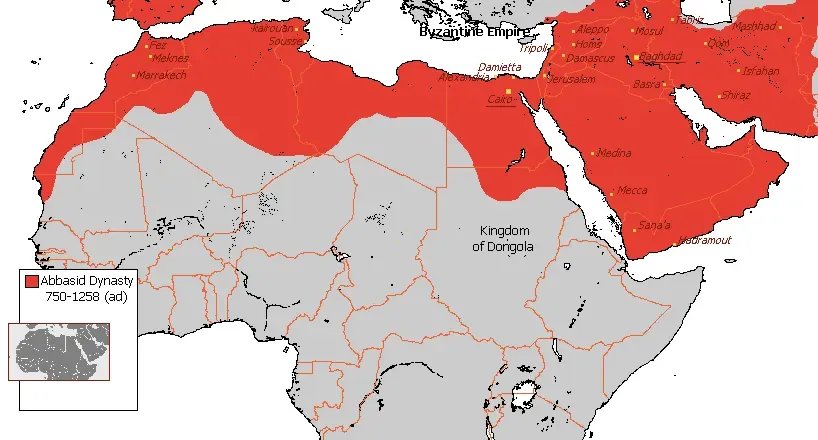 Map highlighting the Abbasid Caliphate’s territory in red across North Africa and the Middle East, labeled 750–1258 AD