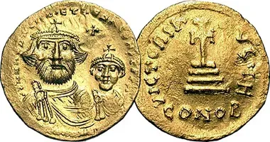 Two sides of a gold coin showing a crowned ruler with a smaller figure and a stepped symbol with surrounding inscriptions
