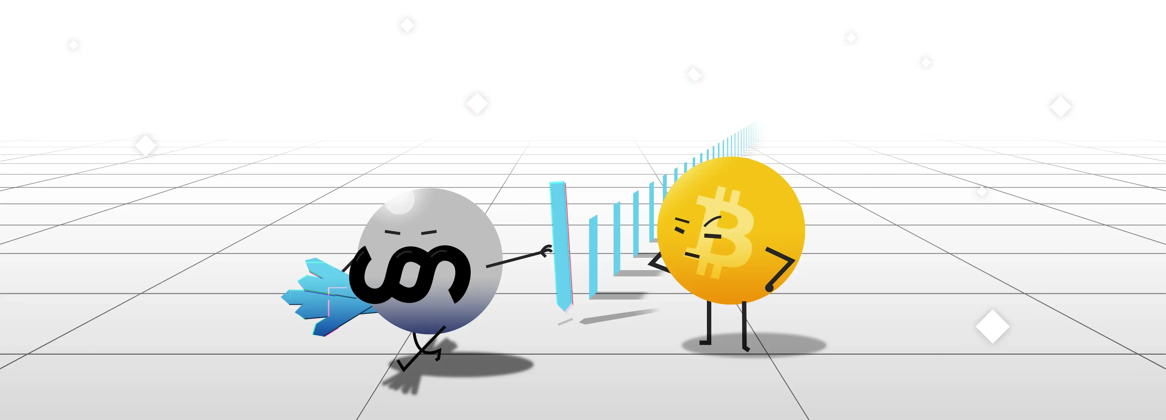 Cartoon bitcoin faces a scowling figure as a row of blue barriers rises between them, symbolizing regulation blocking crypto
