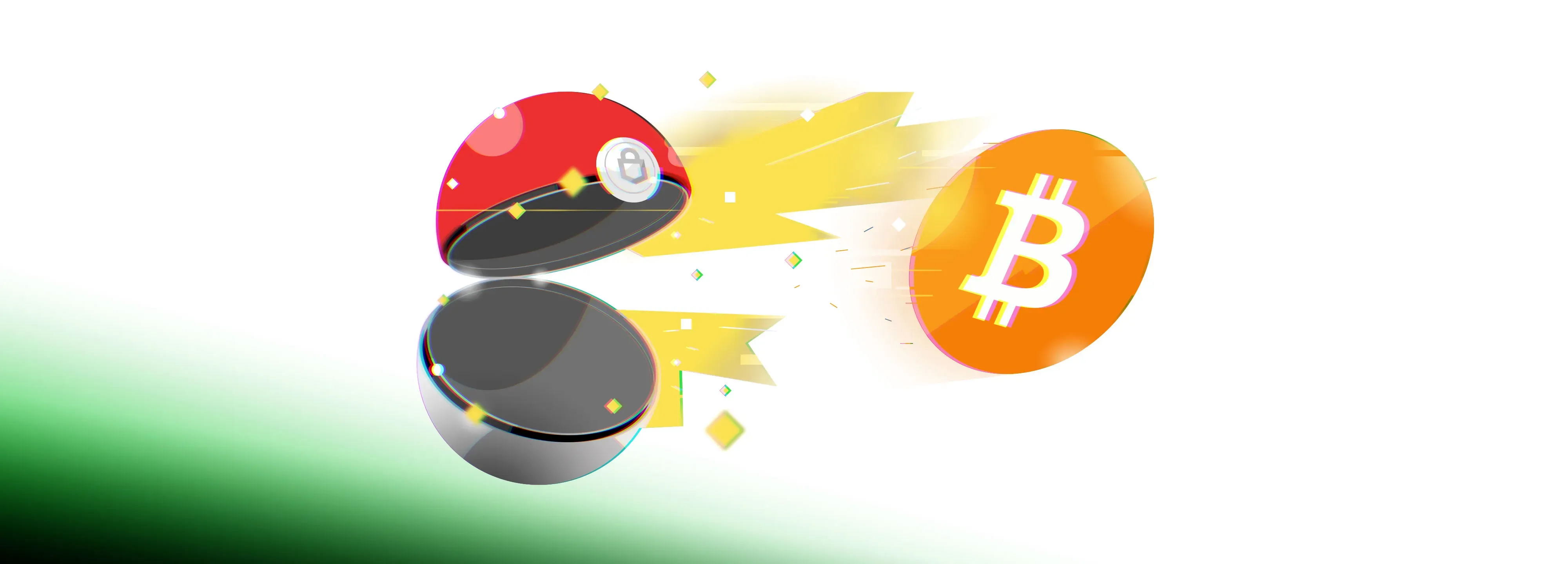 Pokéball-style wallet pops open as a Bitcoin coin shoots out with motion streaks