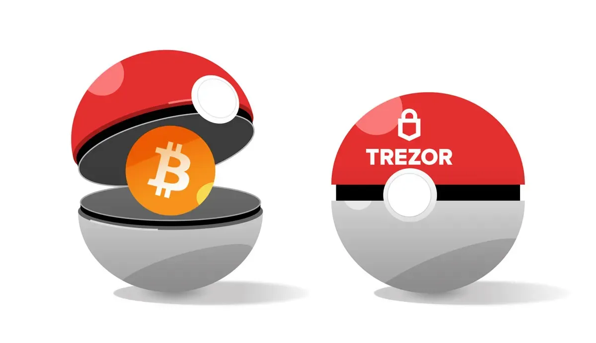Open Pokéball-style device reveals a Bitcoin coin; closed ball shows Trezor logo