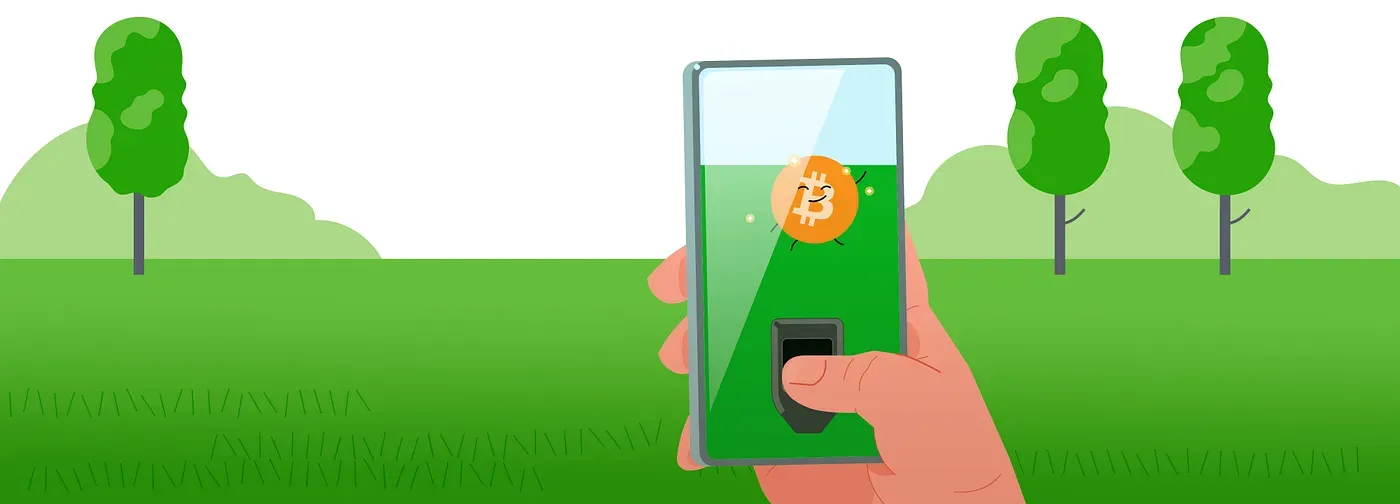 Hand holds a smartphone outdoors, thumb tapping as a Bitcoin coin character appears on the screen