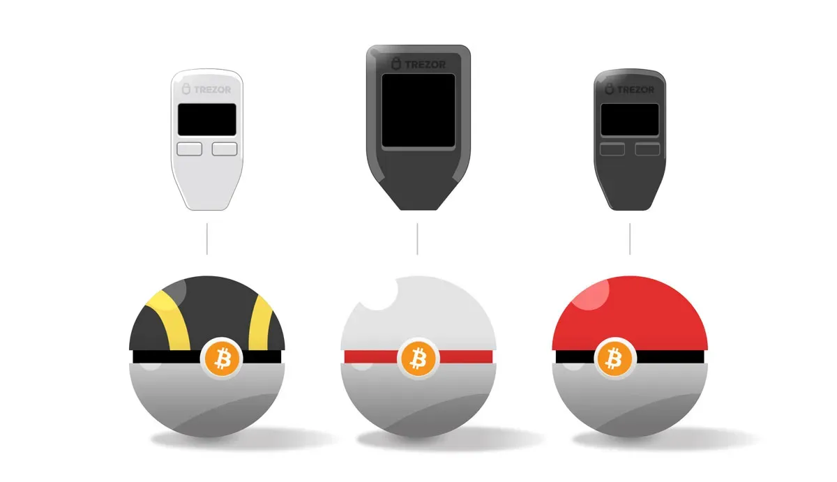Three Trezor device models shown above three Pokéball-style Bitcoin balls in different color designs