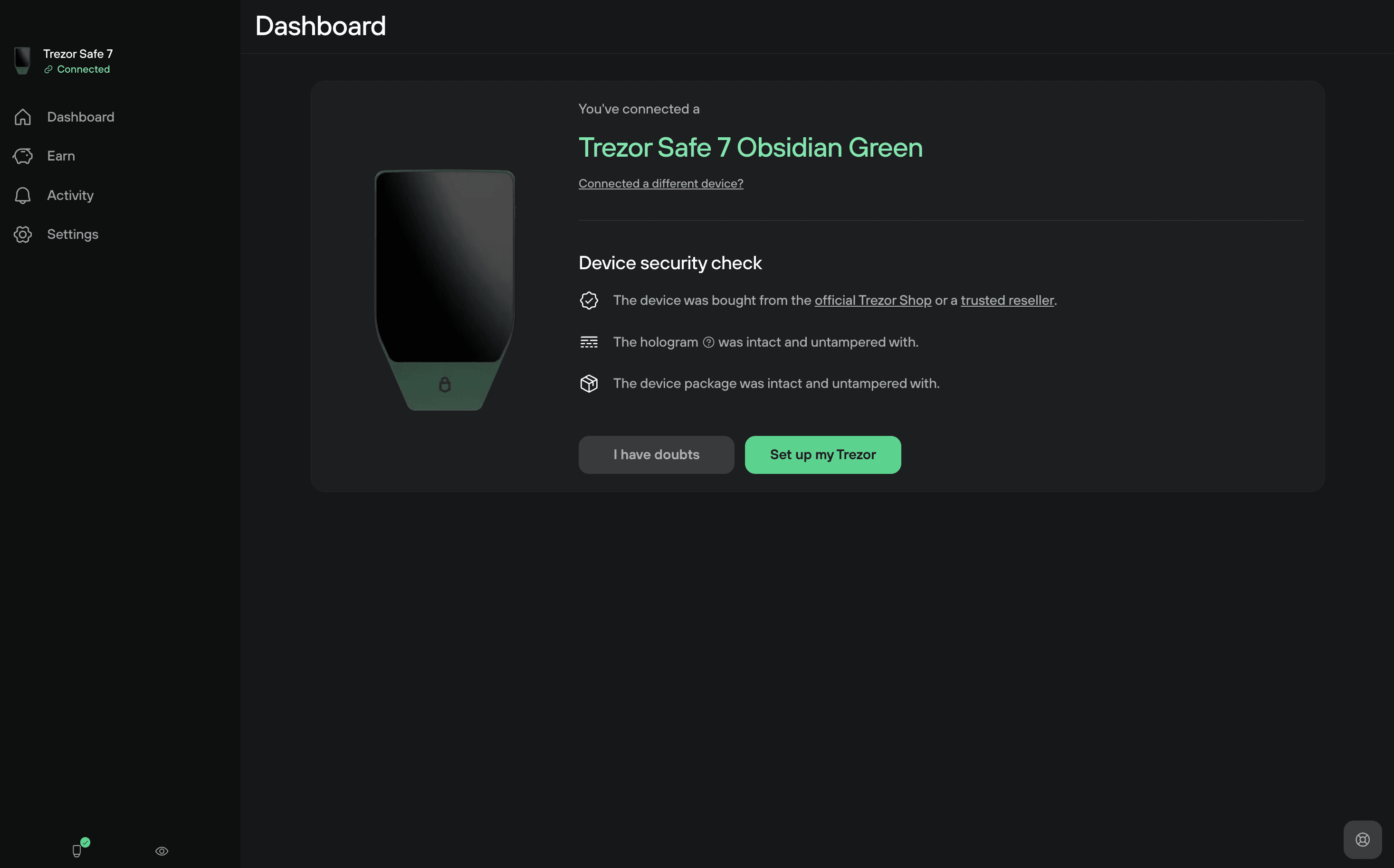 Trezor Suite dashboard showing Trezor Safe 7 Obsidian Green connected with a device security check and "Set up my Trezor" button.