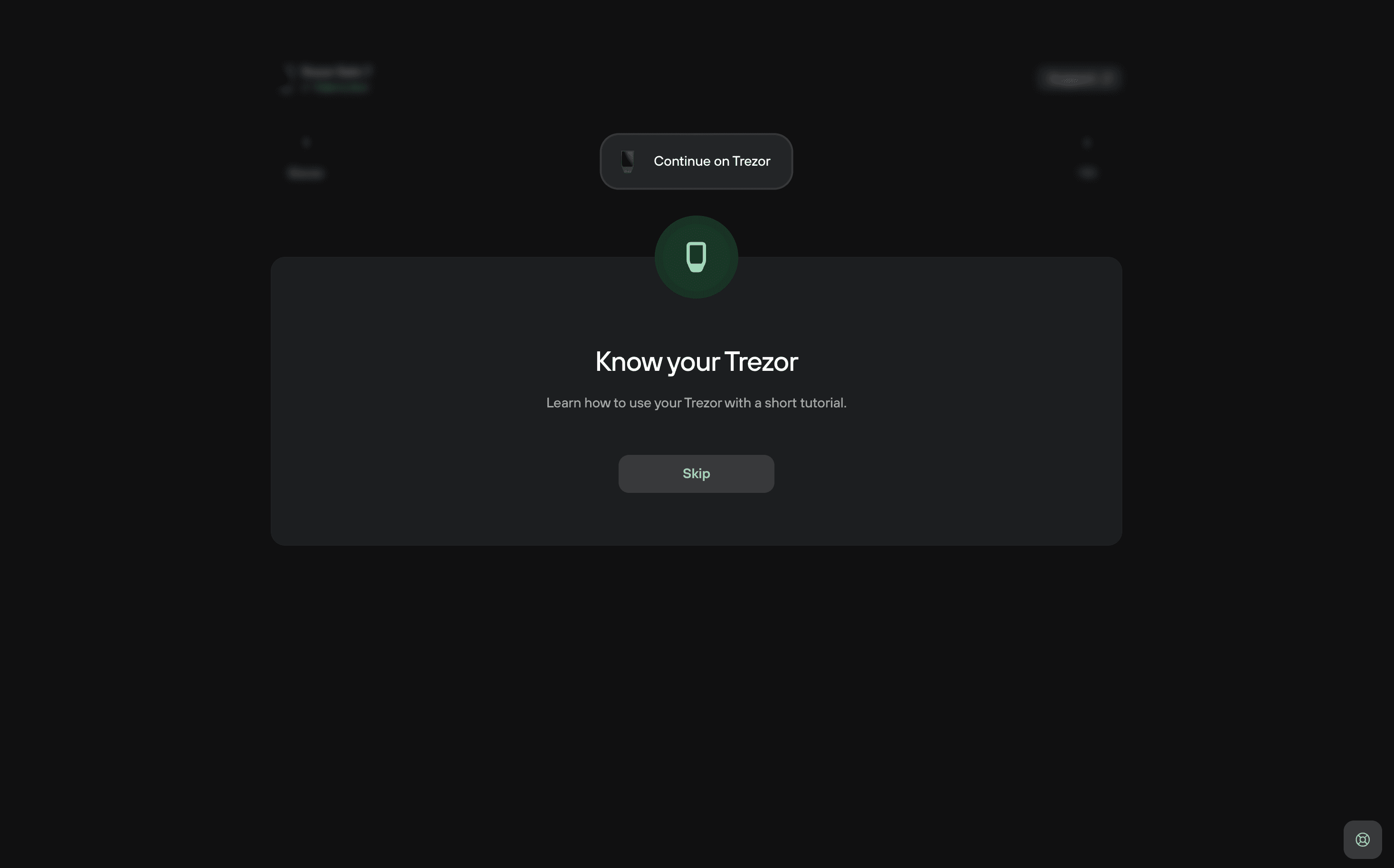 Trezor Suite setup screen showing "Know your Trezor" tutorial prompt with a Skip button.
