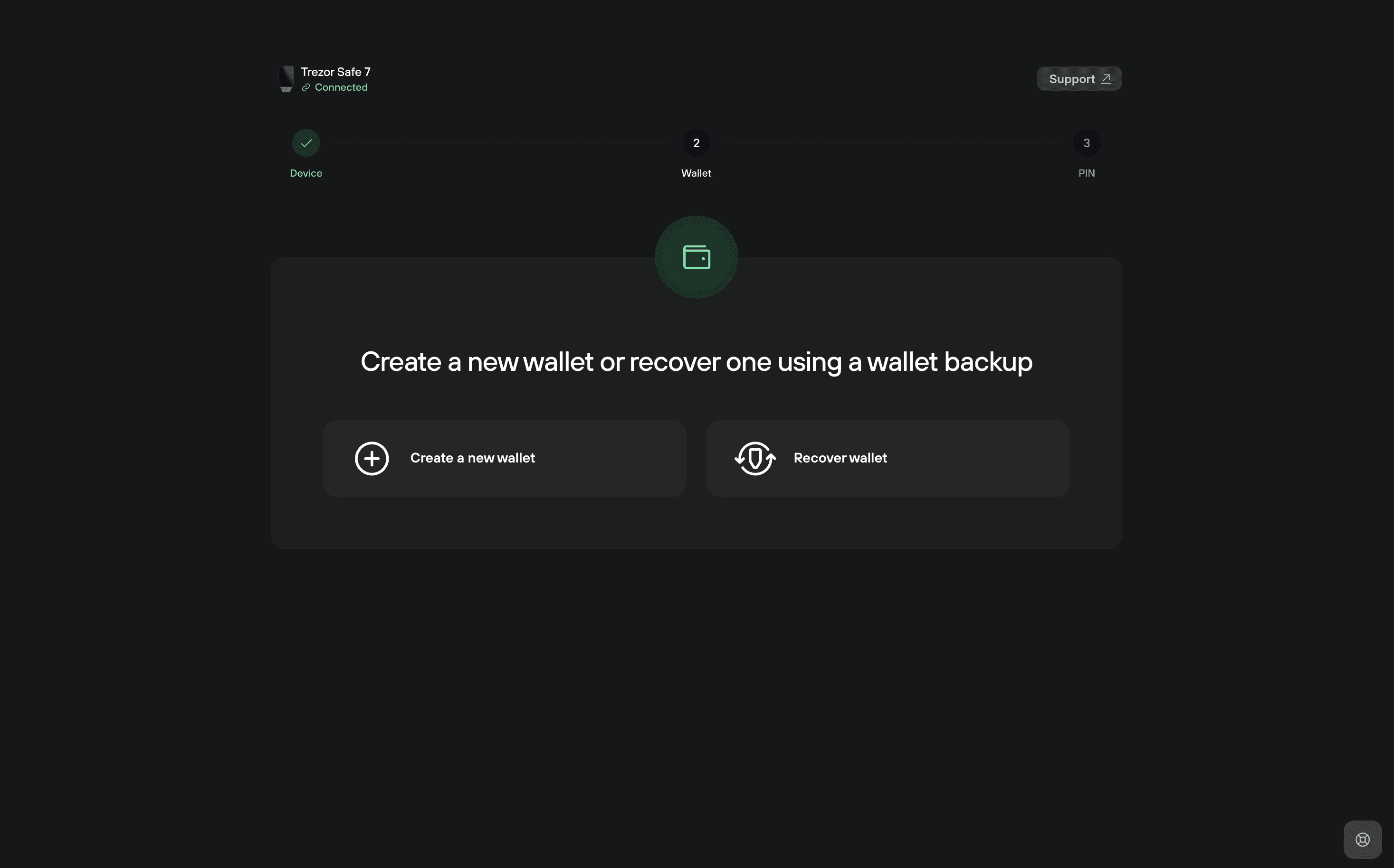 Trezor Suite setup screen with options to create a new wallet or recover one using a wallet backup.