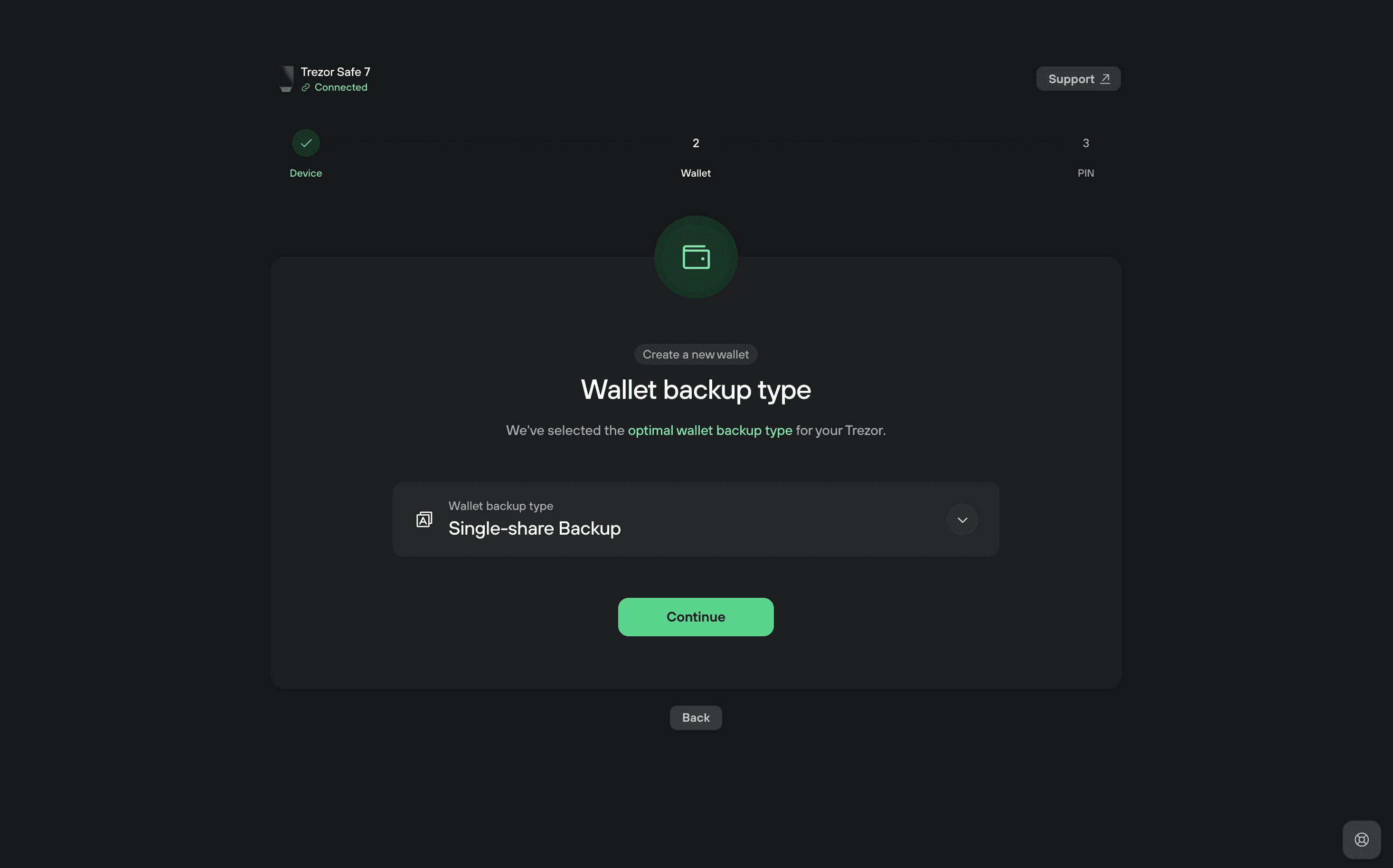 Trezor Suite wallet backup type screen with Single-share Backup selected and a Continue button.