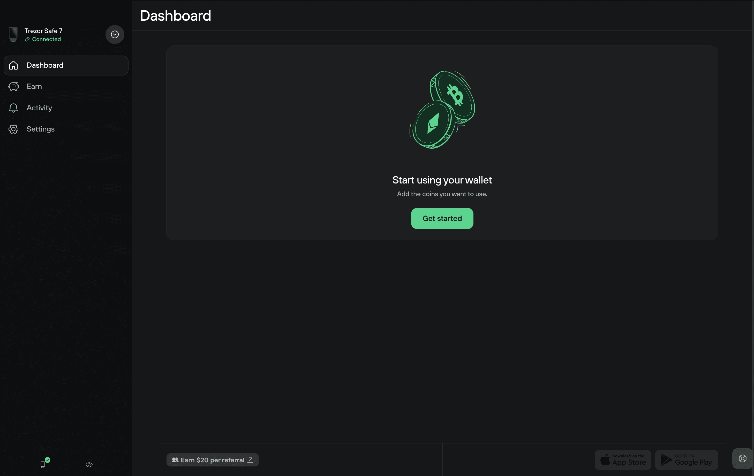 Trezor Suite dashboard after setup showing "Start using your wallet" prompt with a Get started button.