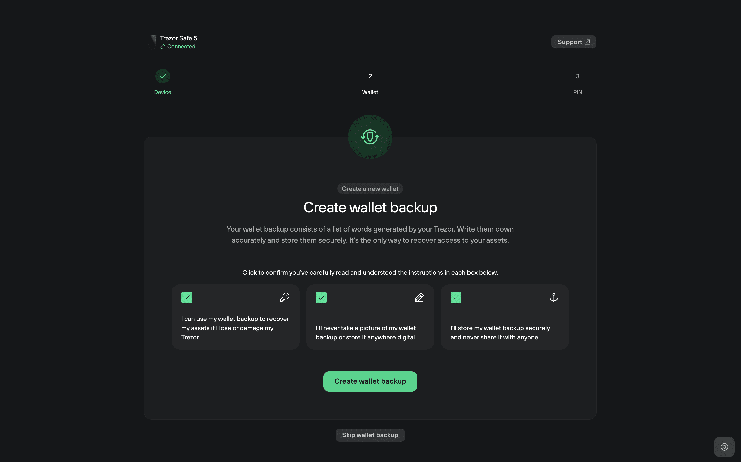 A Trezor Suite screen prompting the user to create a wallet backup. It shows three confirmation boxes, each with a green checkmark, acknowledging understanding of recovery, not storing the backup digitally, and keeping it secure.