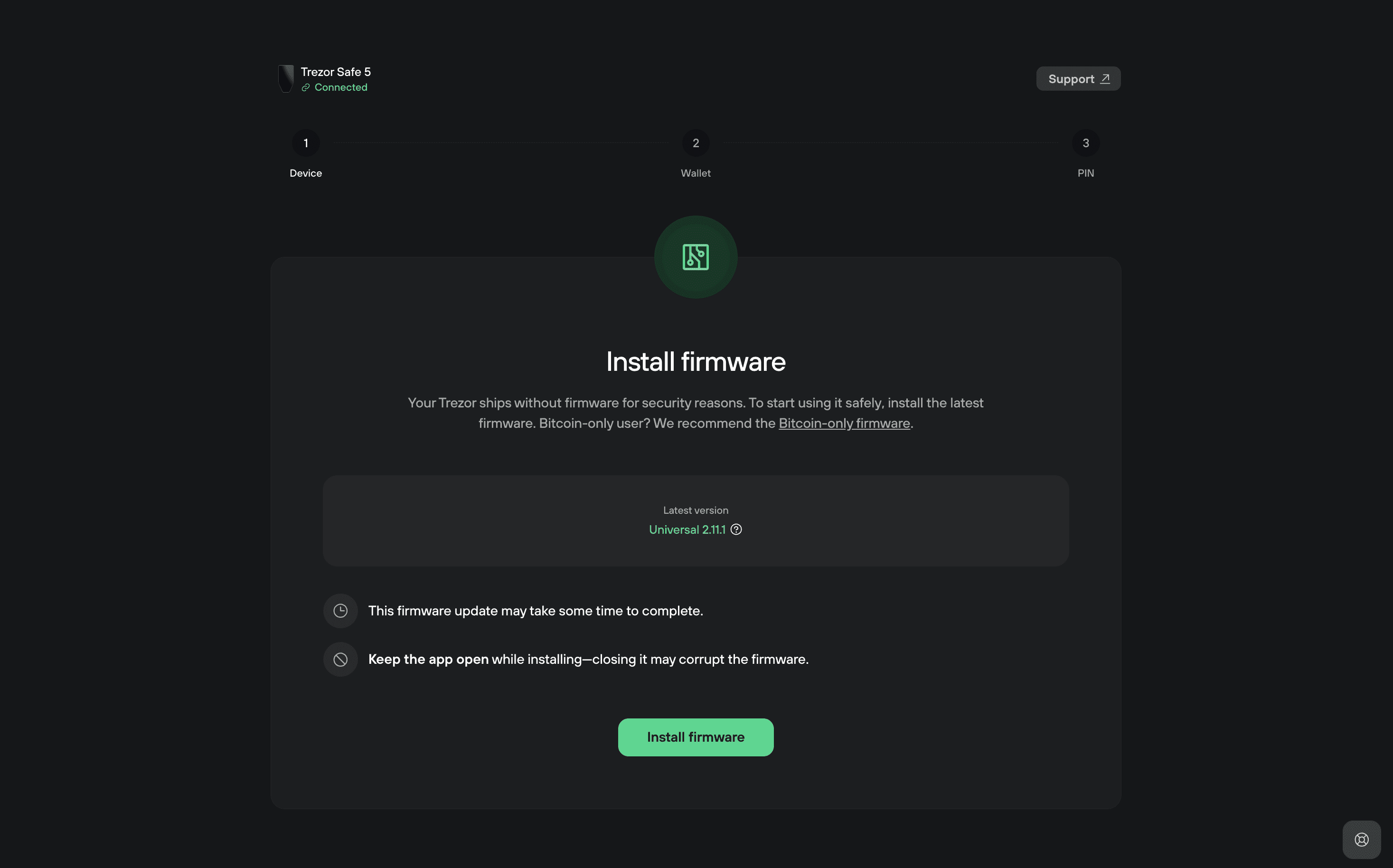 Trezor Suite screen prompting the user to install the latest firmware for their Trezor device, with an Install firmware button displayed at the bottom.