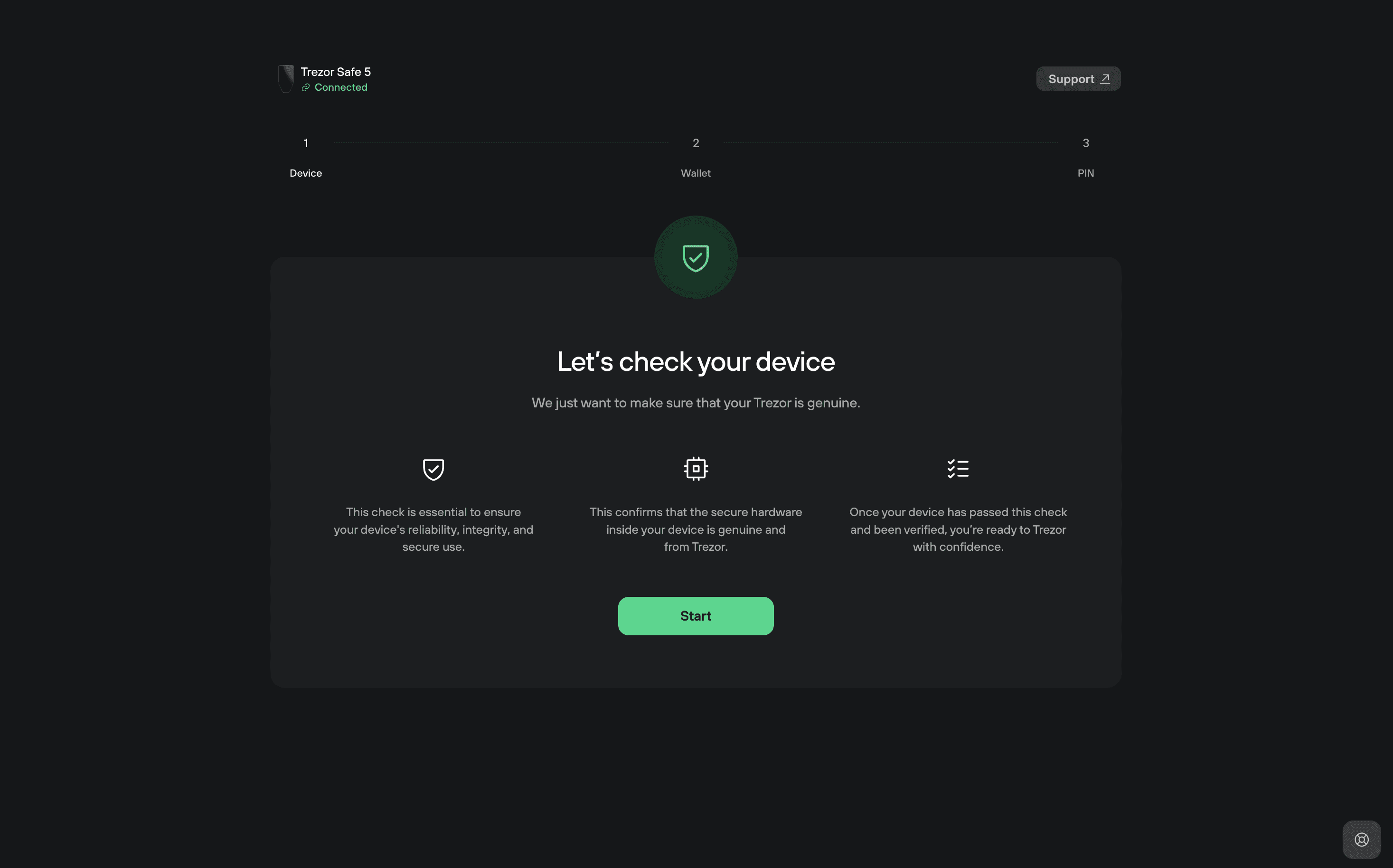 Trezor Suite screen prompting the user to verify their device’s authenticity, with a Start button to begin the device check.