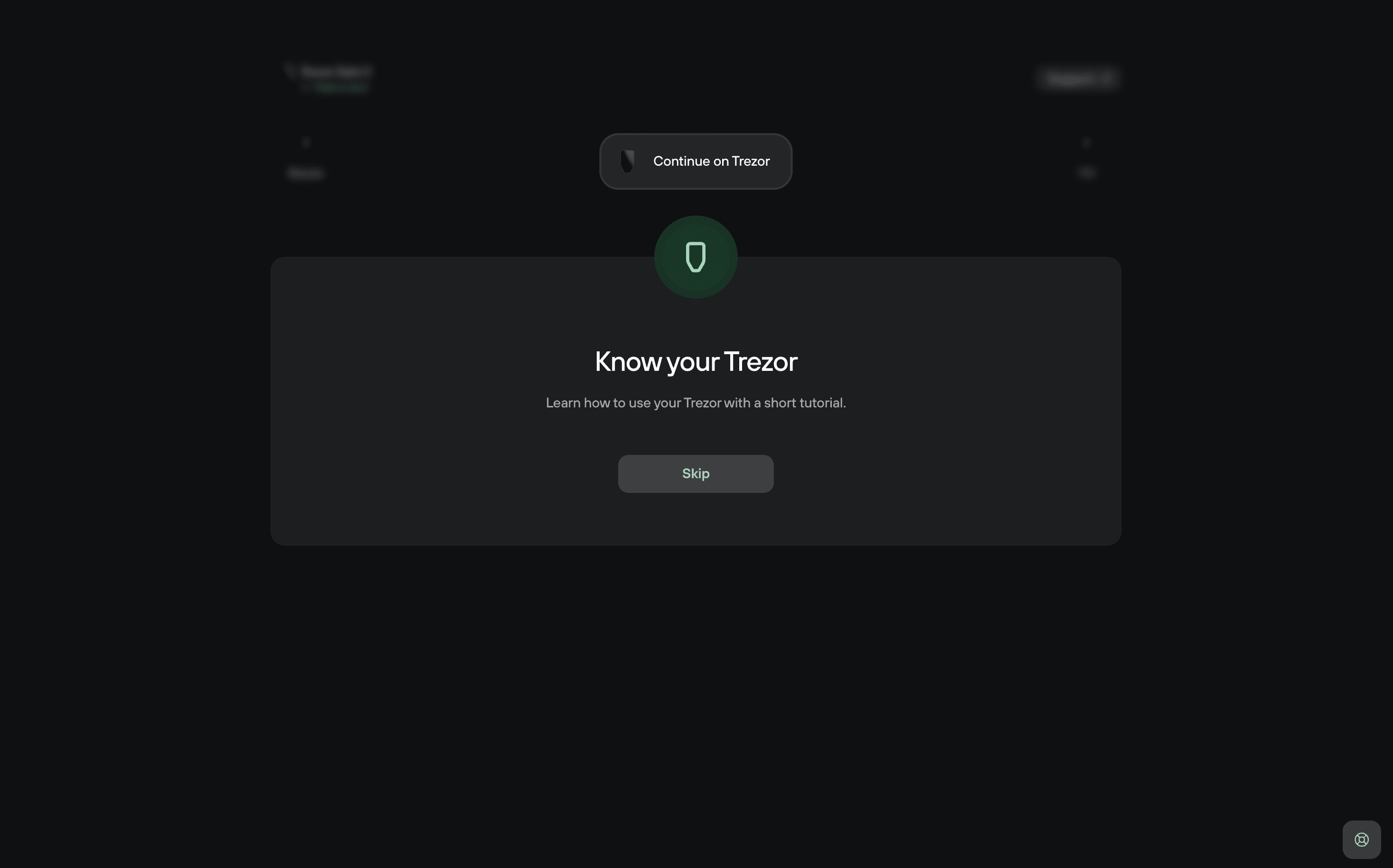 Trezor Suite screen offering a short tutorial titled Know your Trezor, with a Skip button to bypass it and a prompt to continue on the connected device.