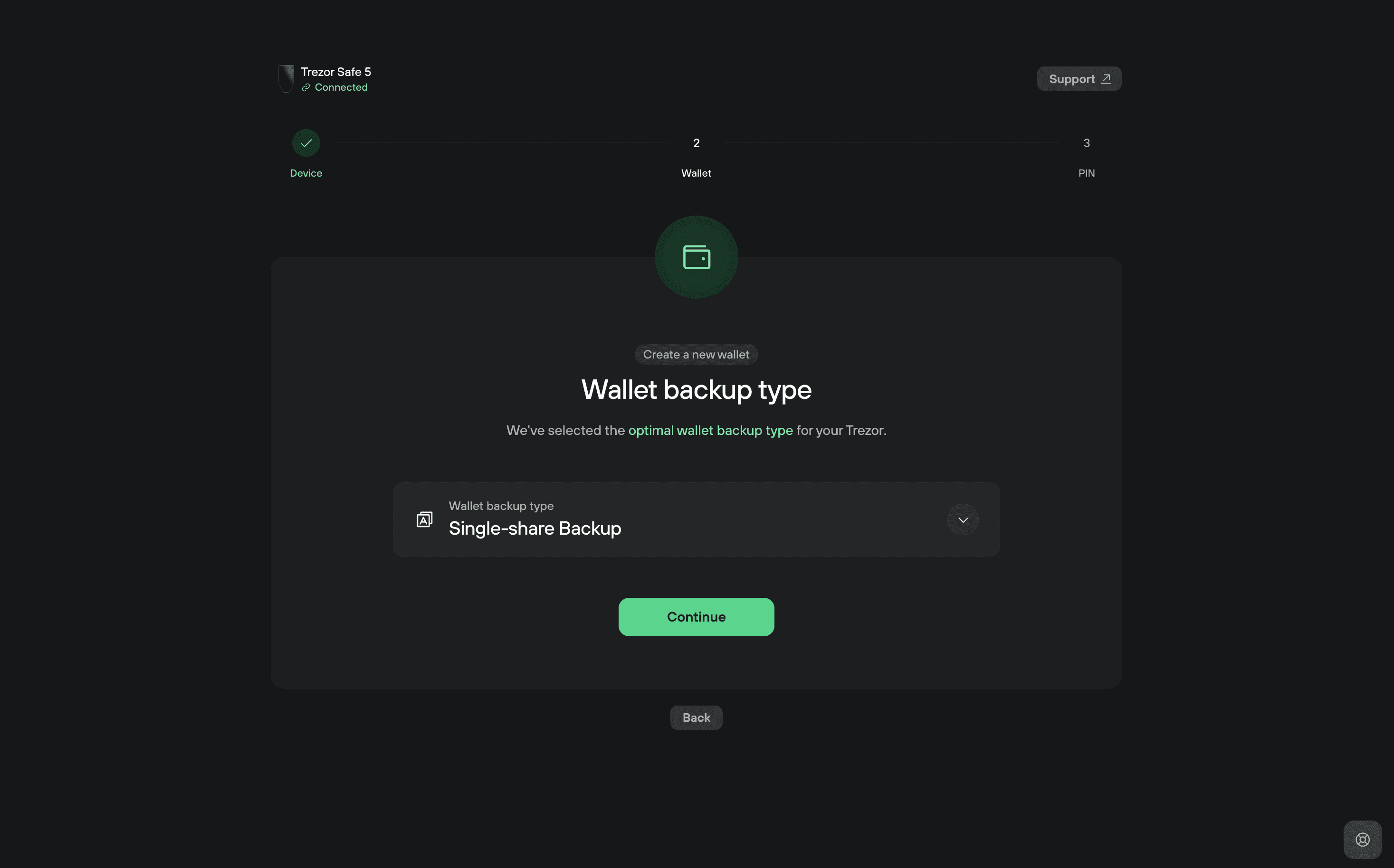 Trezor Suite screen prompting the user to create a new wallet, with 12-word backup automatically selected as the recommended backup type and a Create wallet button to continue.