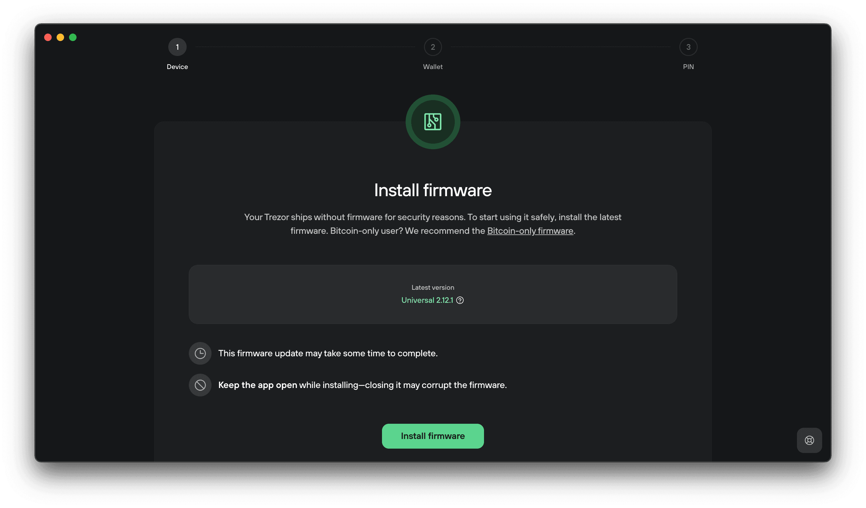 Trezor Suite prompts the user to install the latest firmware before proceeding to wallet setup.