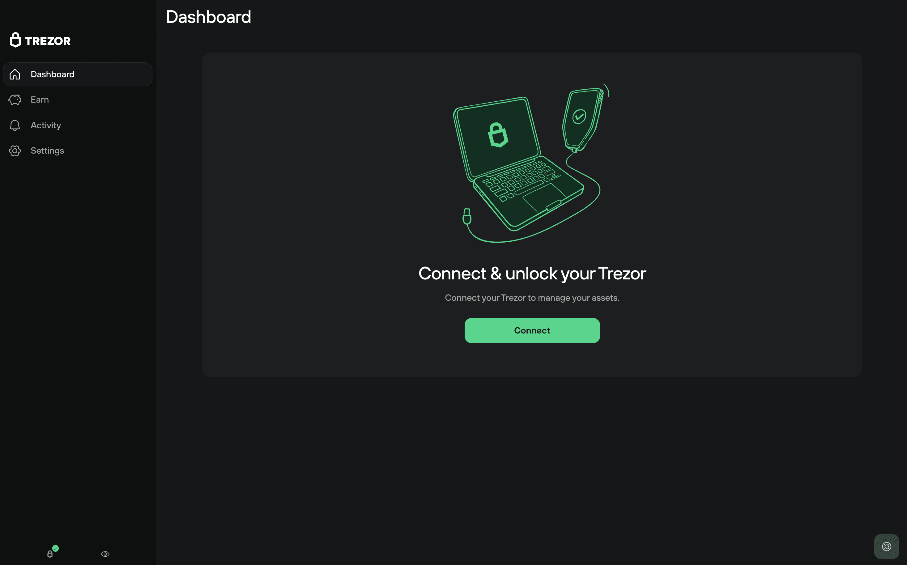 Trezor Suite dashboard prompting the user to connect and unlock their Trezor device