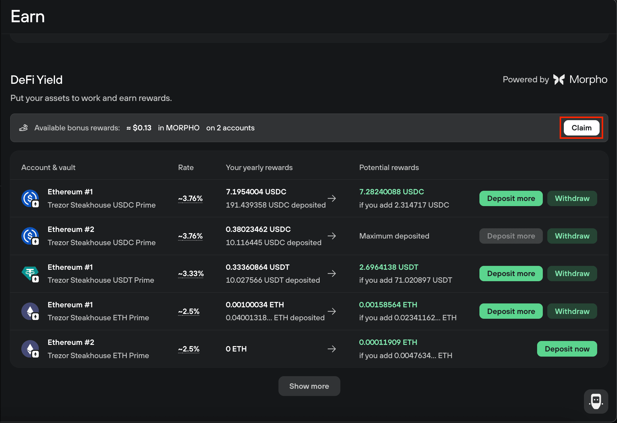 Active DeFi yield table with rewards ready to claim and USDC Prime deposit and withdraw options