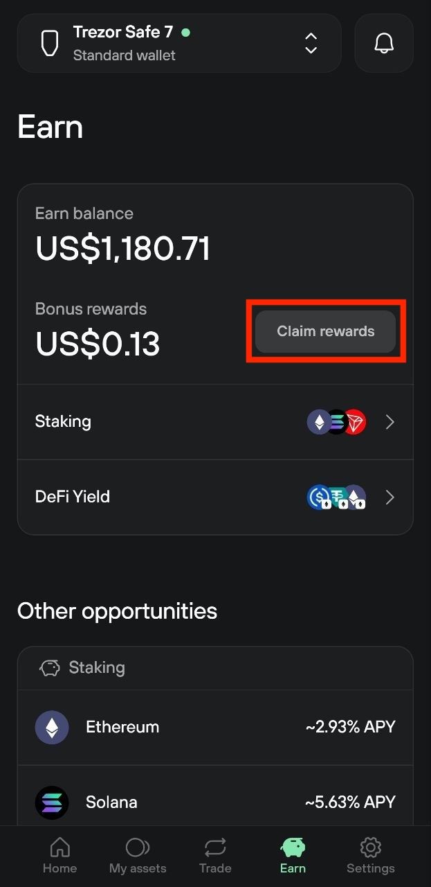 Trezor Suite Earn tab shows deposits, available rewards, and the highlighted Claim rewards button