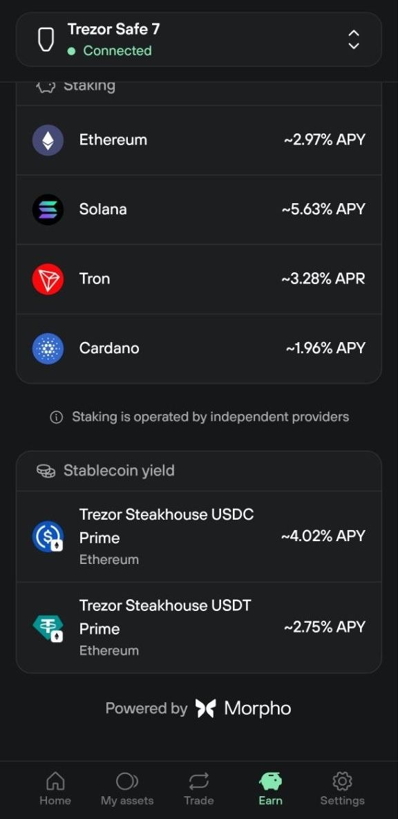 Earn page lists staking rates and USDC and USDT stablecoin yield options powered by Morpho.