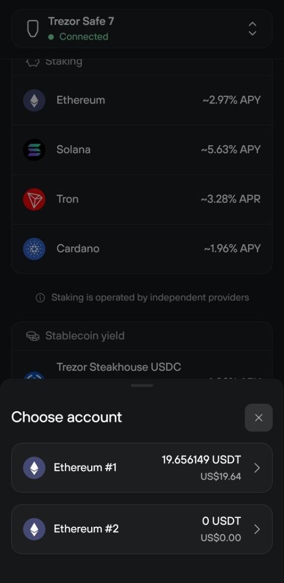 Account picker lists Ethereum #1 with 119.656149 USDT and Ethereum #2 with zero USDT.