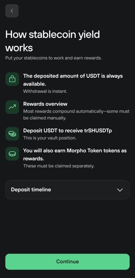 Stablecoin yield overview explains USDT availability, reward types, vault tokens, and the next step.
