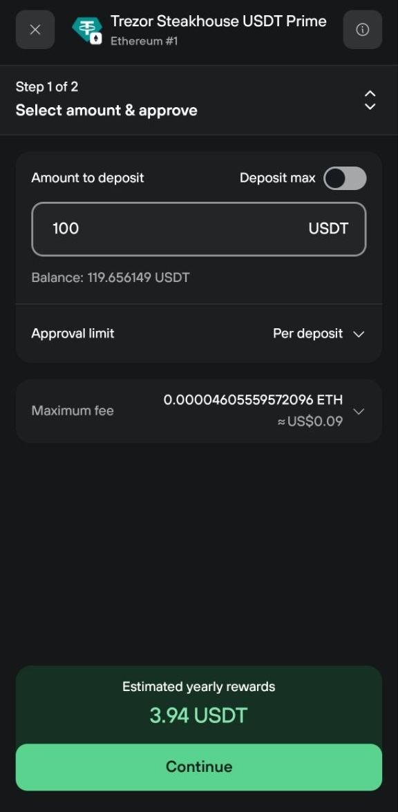 Step 1 sets a 100 USDT deposit, per-deposit approval, $0.09 maximum fee, and 3.94 USDT yearly rewards.