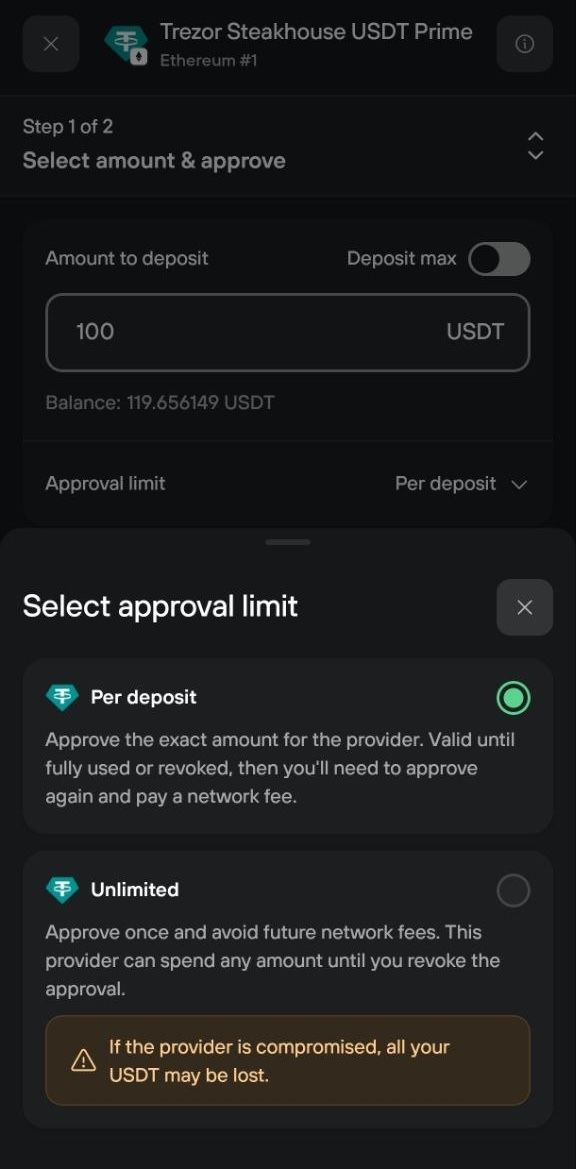 Approval limit dialog compares per-deposit and unlimited USDT access, warning that unlimited access could risk all funds.