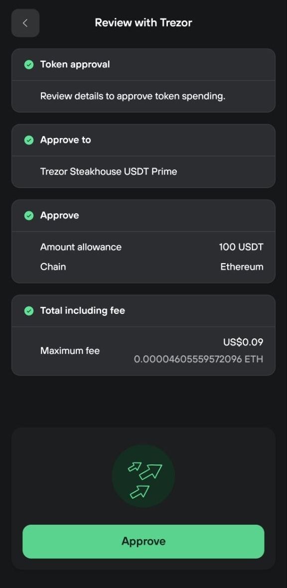 Trezor approval review shows a 100 USDT allowance on Ethereum and a $0.09 maximum fee.