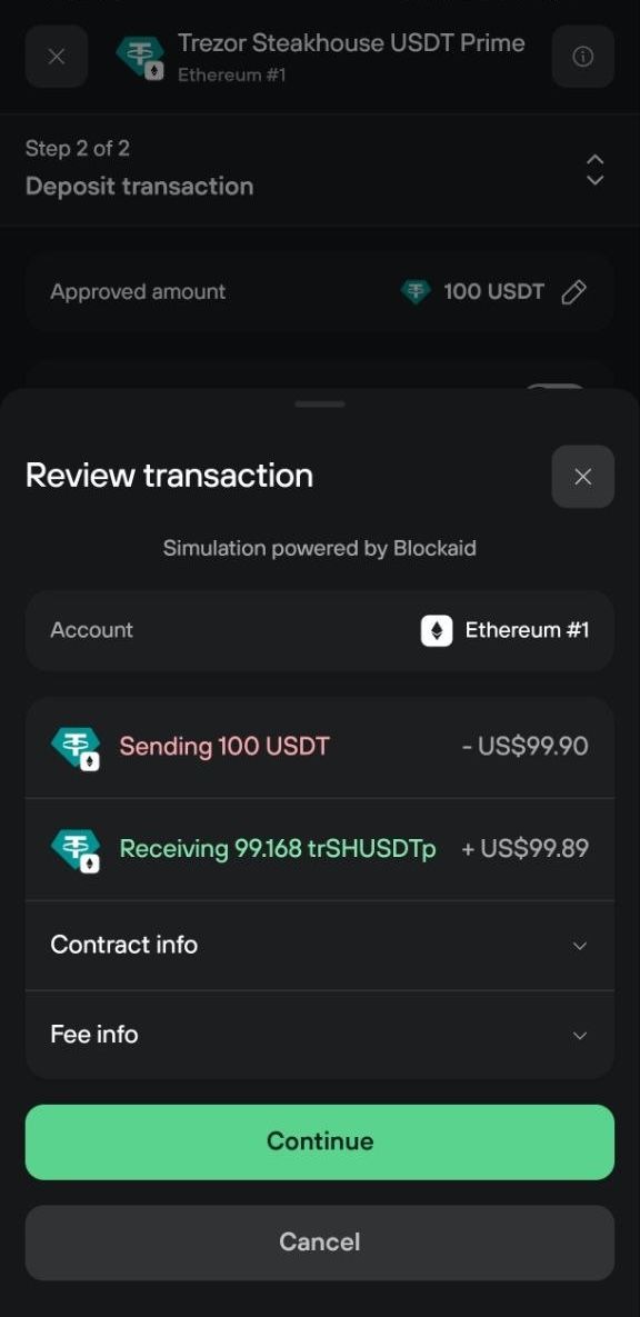 Transaction review shows 100 USDT sent and 99.168 trSHUSDTp received in Ethereum #1.
