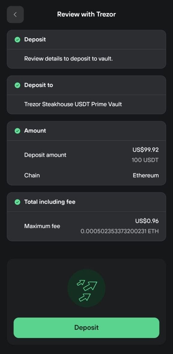 Trezor deposit review shows 100 USDT sent to the USDT Prime vault with a $0.96 maximum fee.