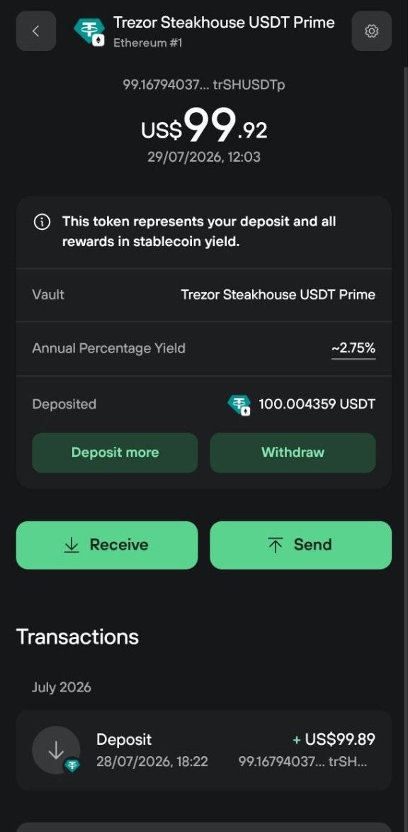 USDT Prime vault shows a $99.92 position, 2.75% APY, 100.004359 USDT deposited, and a Withdraw button.