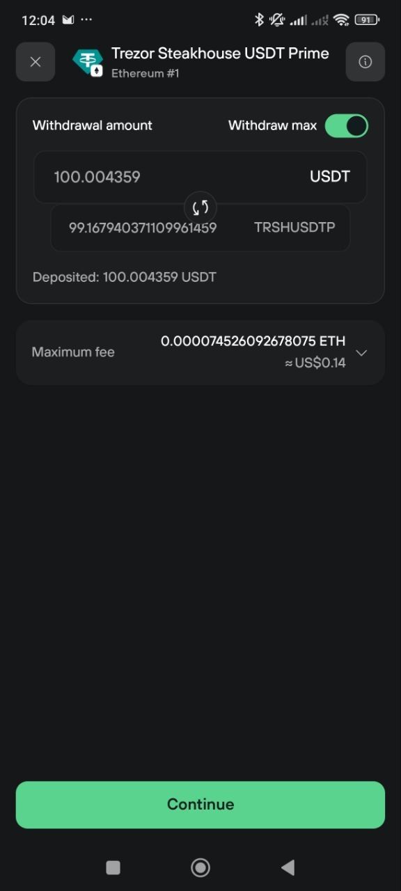 Withdrawal form converts 99.16794037 trSHUSDTp to 100.004359 USDT with an estimated $0.14 maximum fee.