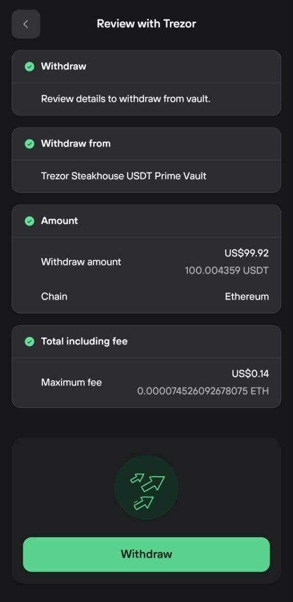 Trezor withdrawal review shows 100.004359 USDT from the USDT Prime vault with a $0.14 maximum fee.