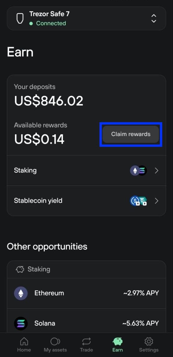 Trezor Suite Earn tab shows deposits, available rewards, and the highlighted Claim rewards button