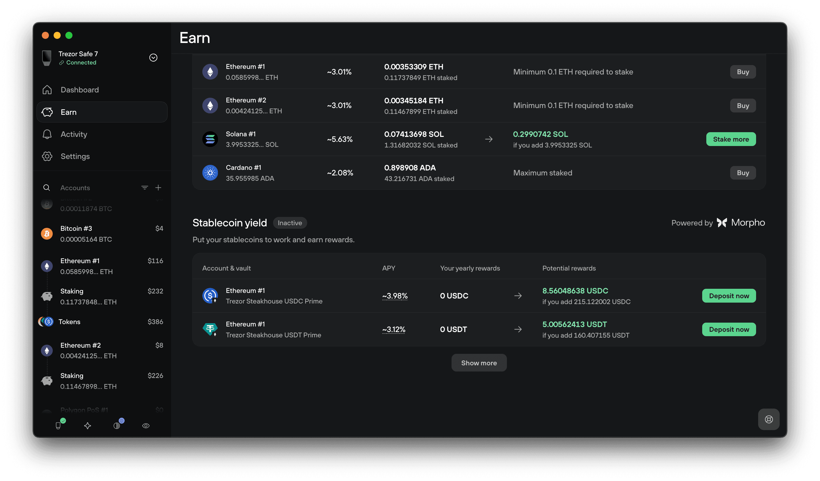 Earn page showing staking and inactive stablecoin yield options powered by Morpho