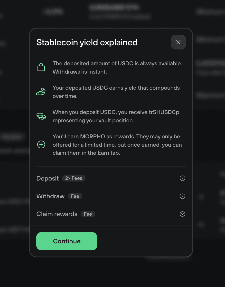 Stablecoin yield explained modal describing USDC deposits, compounding yield, receipt tokens, and rewards