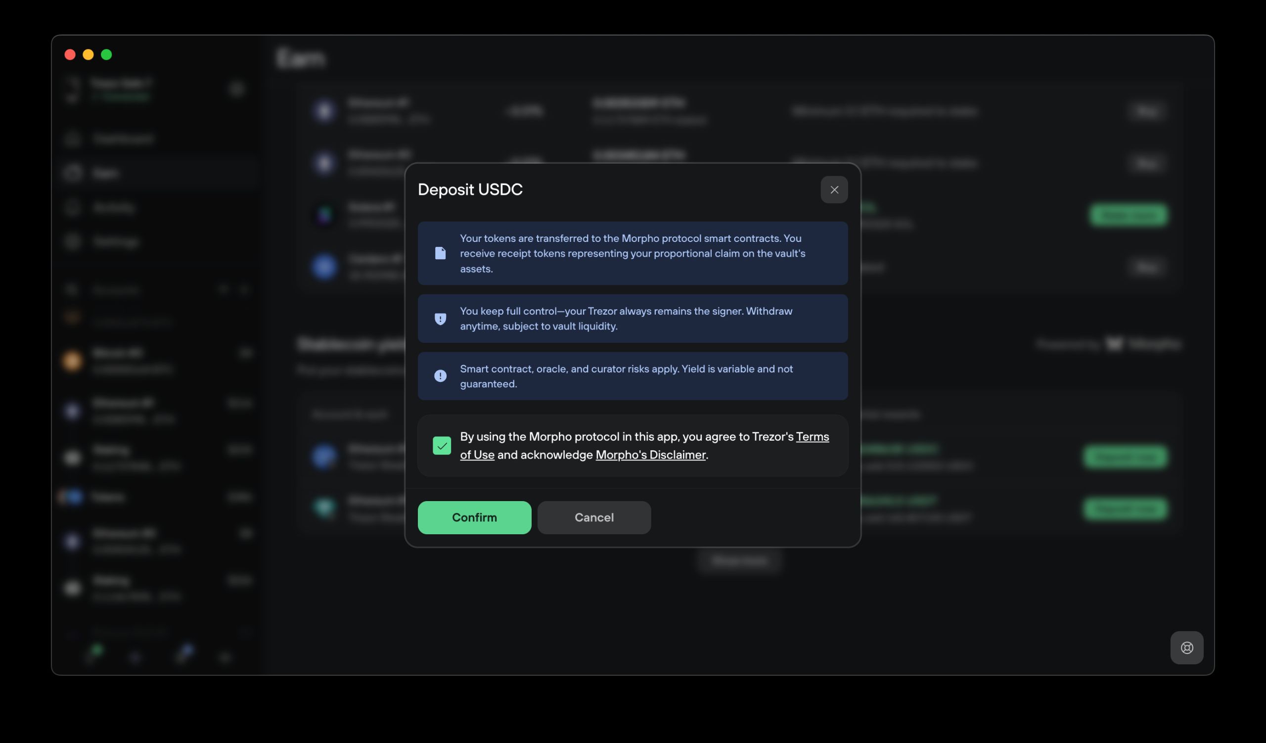 Deposit USDC risk notice modal with Morpho protocol terms accepted and confirm button