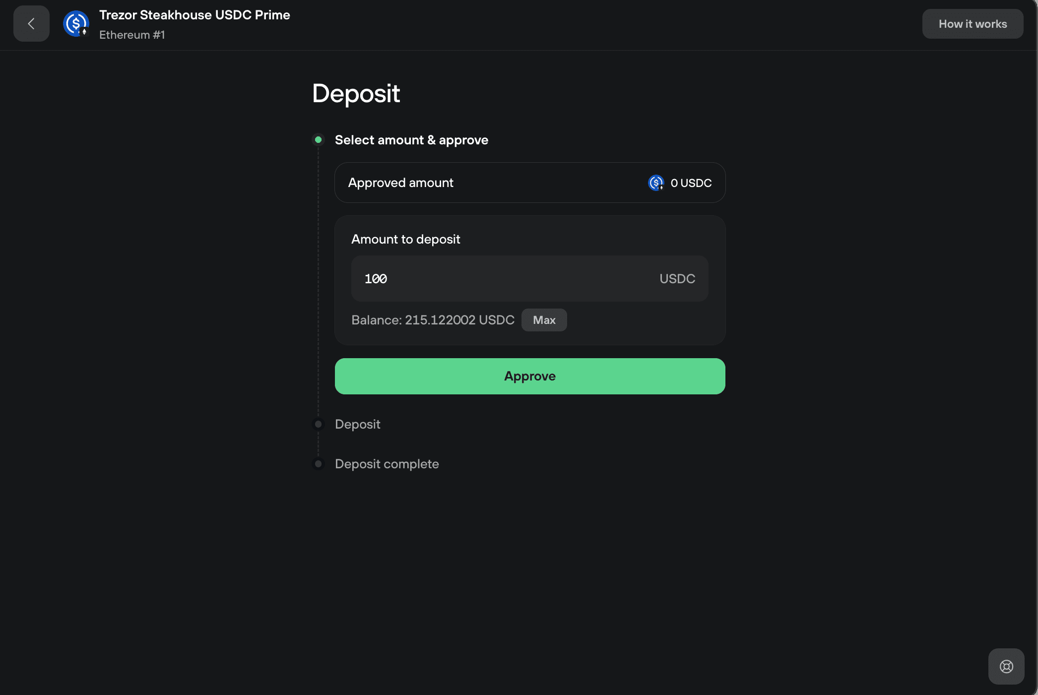 Deposit flow for Trezor Steakhouse USDC Prime with 100 USDC entered for approval