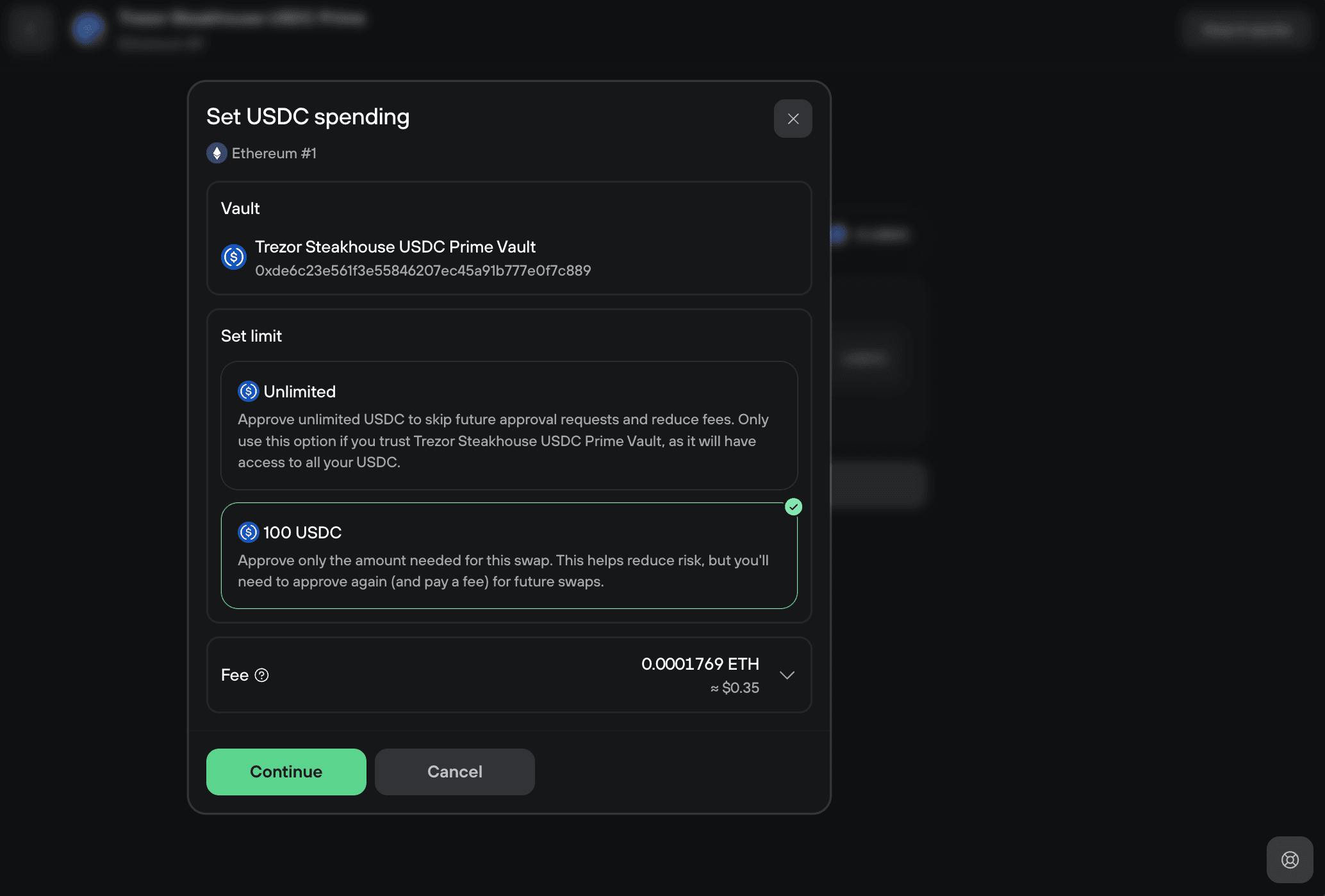 Set USDC spending modal with 100 USDC limit selected and network fee shown
