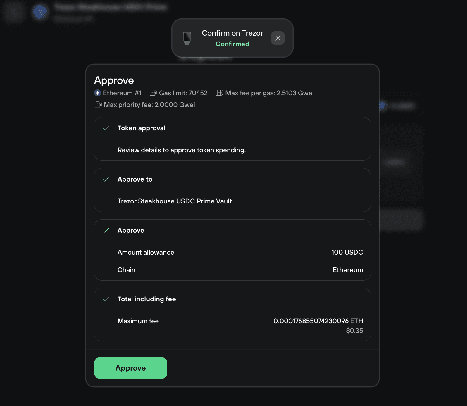 Approval review showing 100 USDC allowance for the USDC Prime vault on Ethereum
