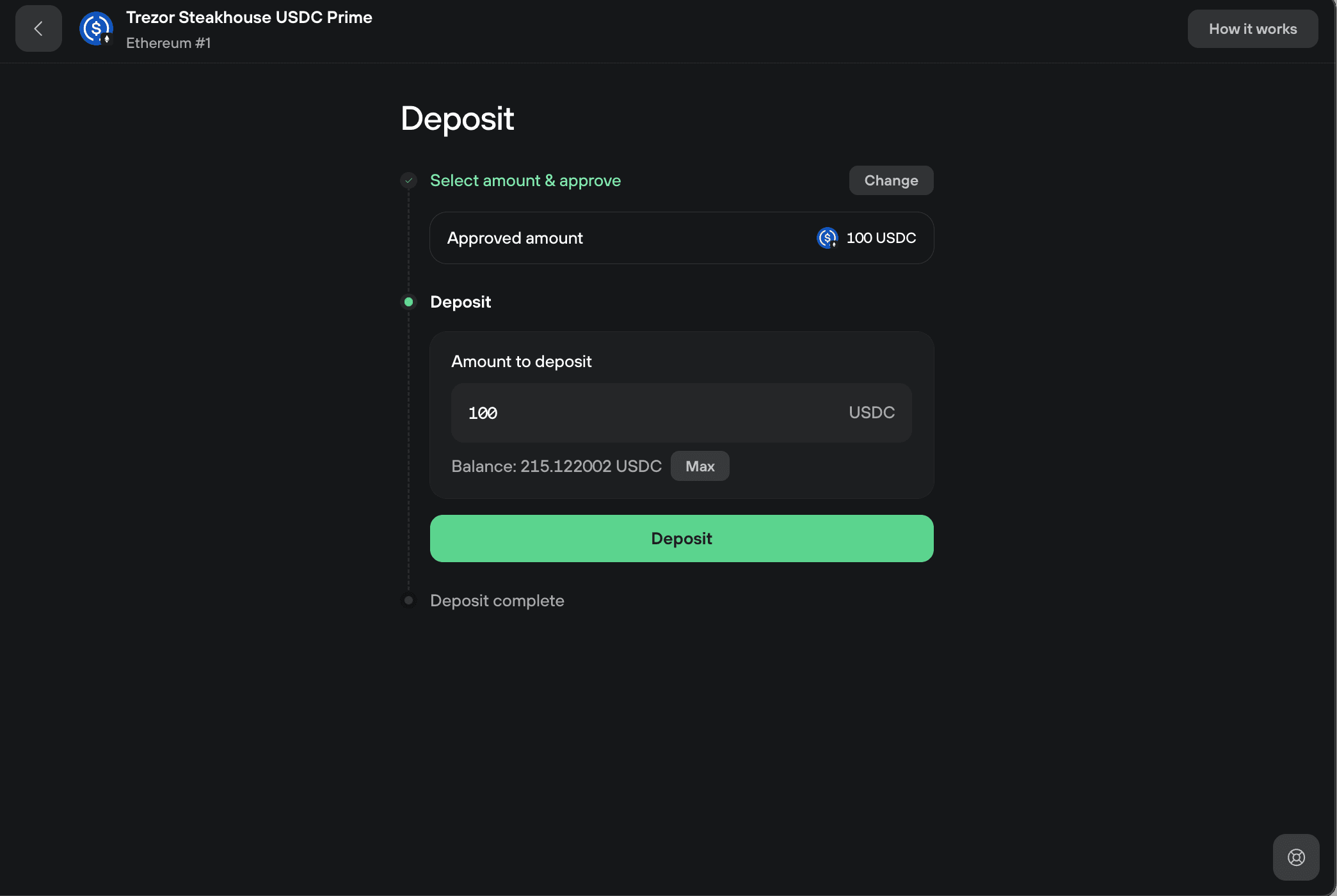 Deposit flow after approval, with 100 USDC entered and ready to deposit