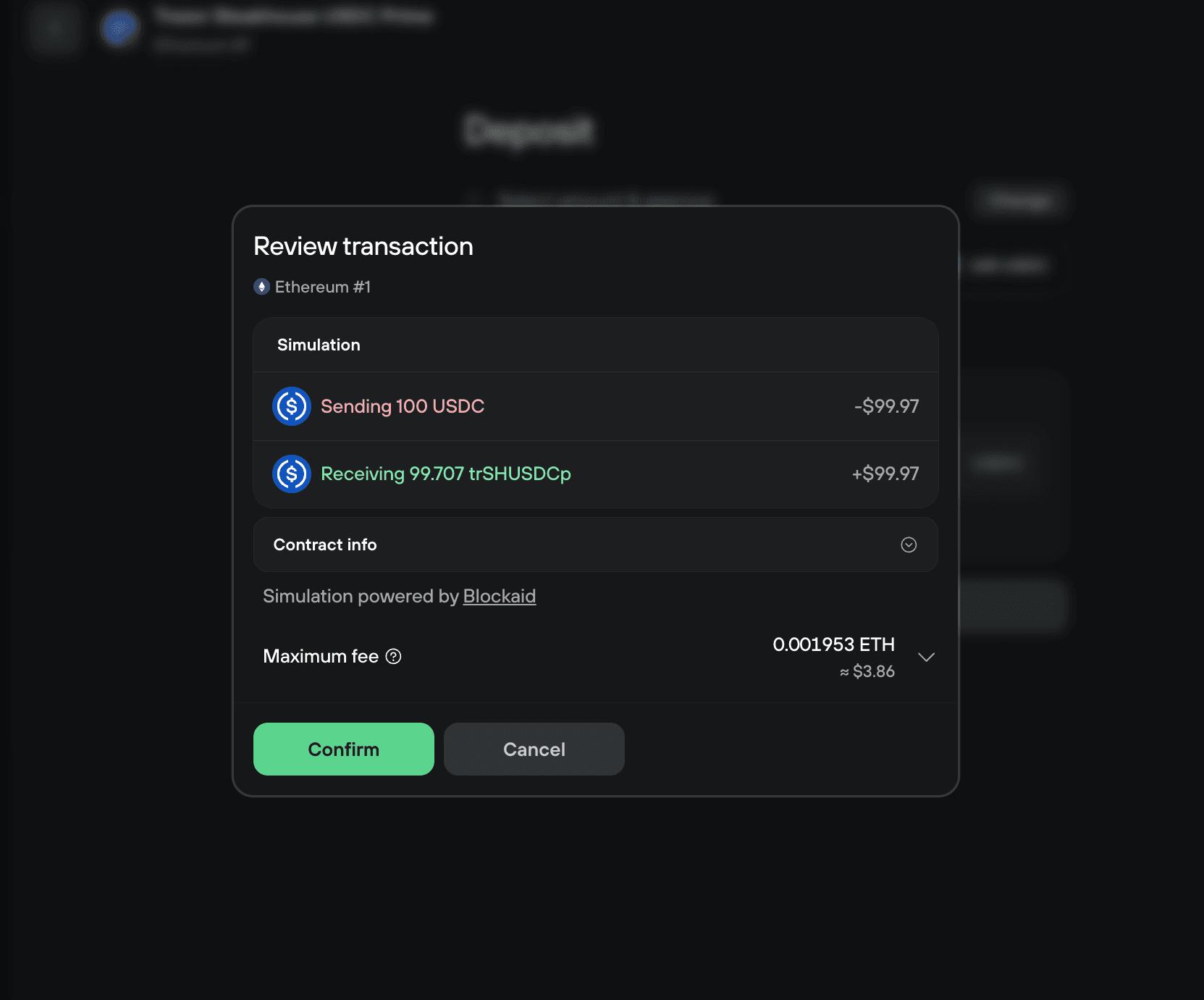 Transaction review showing 100 USDC sent and trSHUSDCp received, with maximum fee