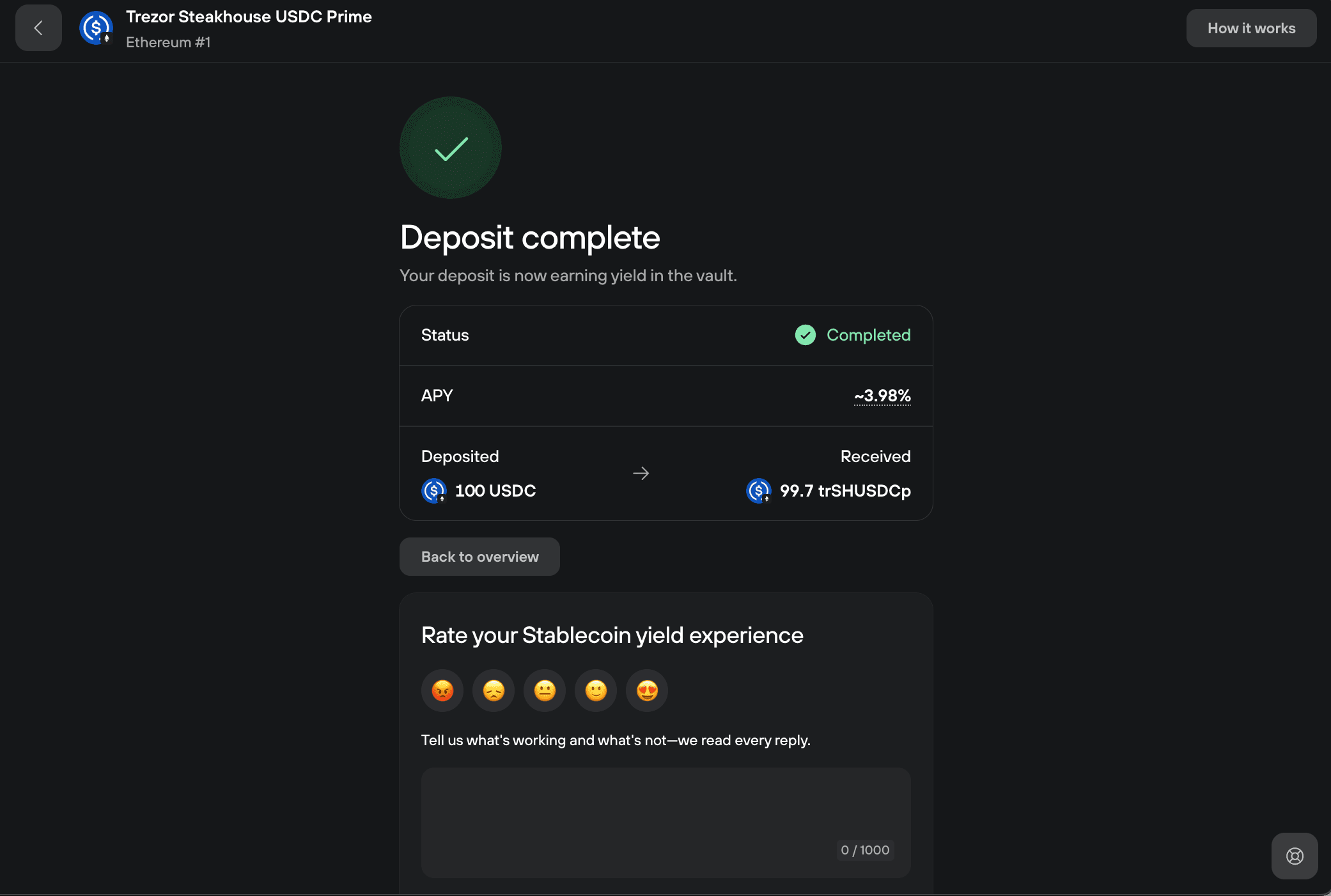 Deposit complete page showing 100 USDC deposited and 99.7 trSHUSDCp received