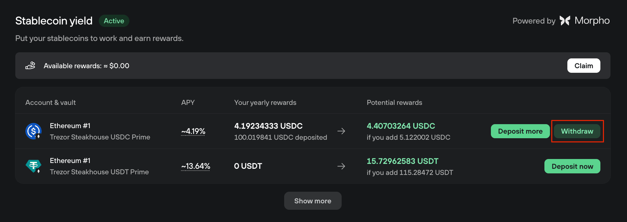 Active stablecoin yield table with USDC rewards, deposit more, withdraw, and USDT deposit options