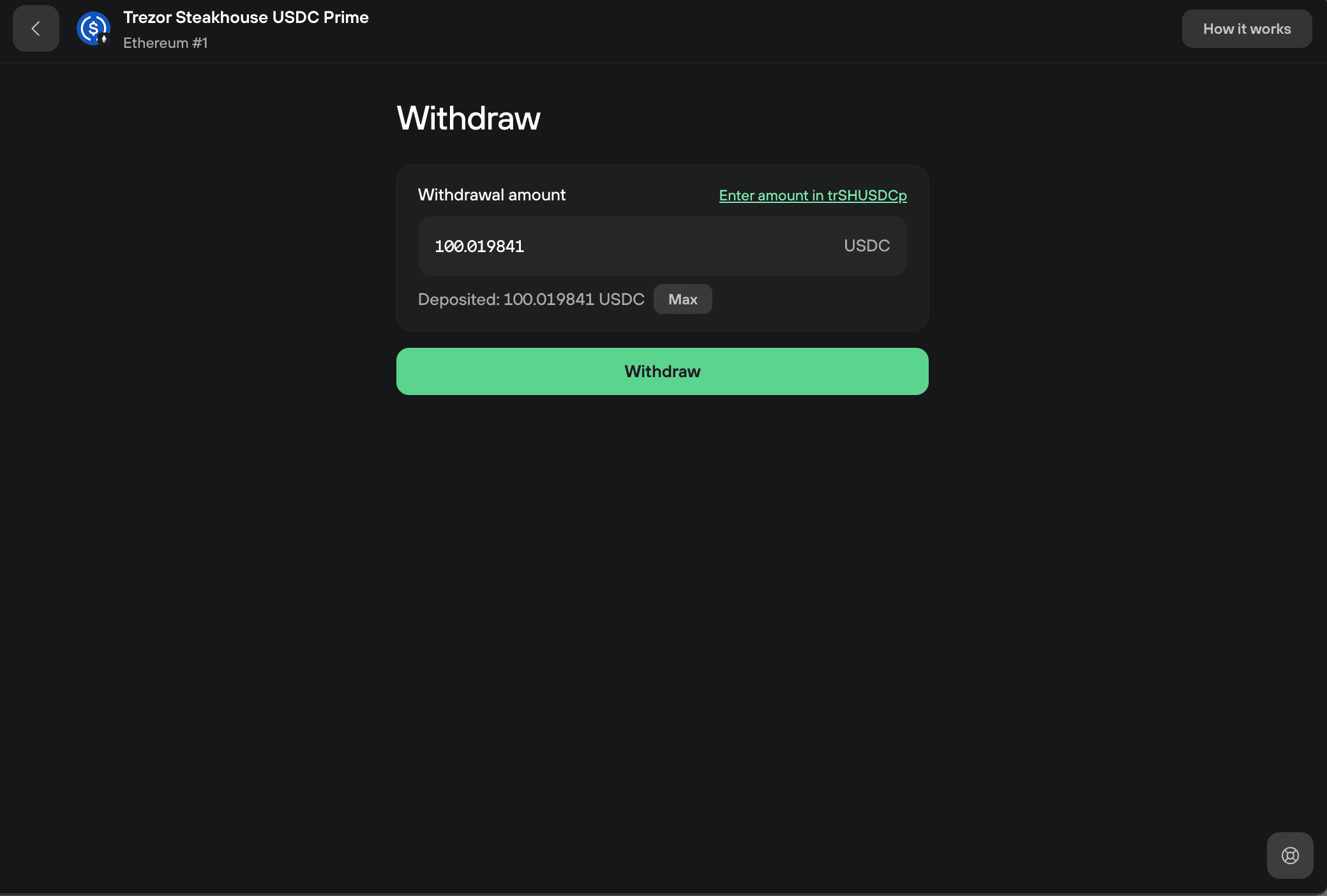Withdraw page for USDC Prime with 100.019841 USDC entered and withdraw button ready