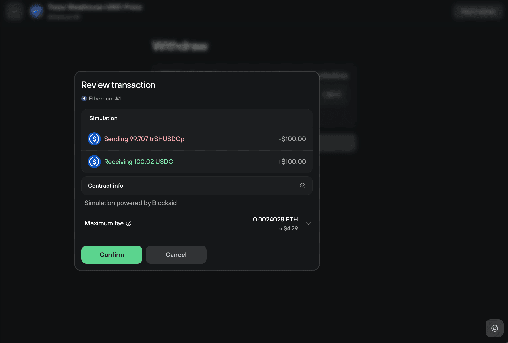 Transaction review showing trSHUSDCp sent, USDC received, and maximum withdrawal fee